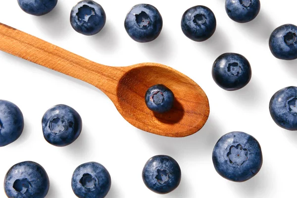 Wooden Spoon Tasty Ripe Bilberries White Background — Stock Photo, Image