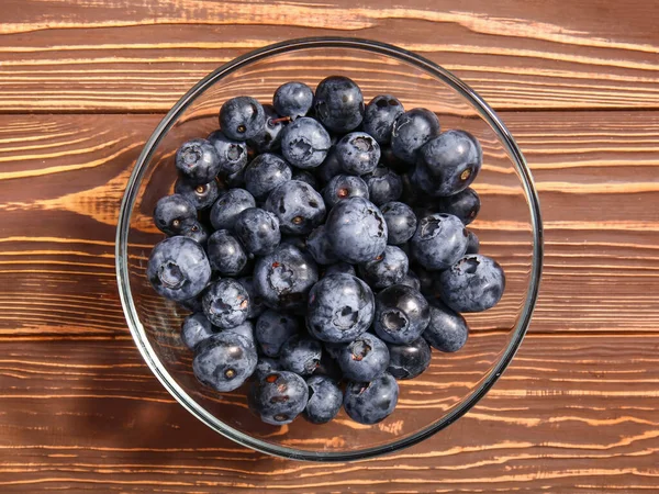 Bowl Tasty Ripe Bilberries Wooden Background — Stock Photo, Image