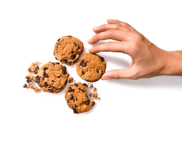 Female Hand Tasty Chocolate Chips Cookies White Background — Stock Photo, Image