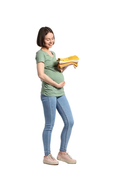 Молодая Беременная Женщина Детской Одежде Белом Фоне — стоковое фото