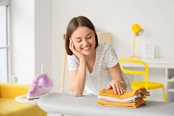 Young Pregnant Woman Ironed Baby Clothes Home — Stock Photo, Image