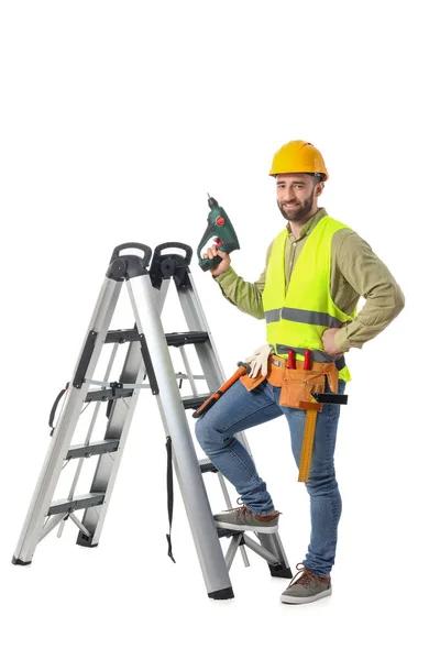 Trabalhador Construção Civil Com Pistola Parafuso Escada Fundo Branco — Fotografia de Stock