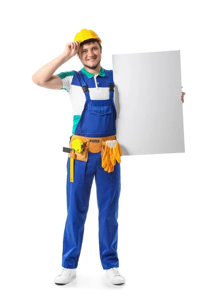 Construtor Masculino Com Cartaz Branco Fundo Branco — Fotografia de Stock