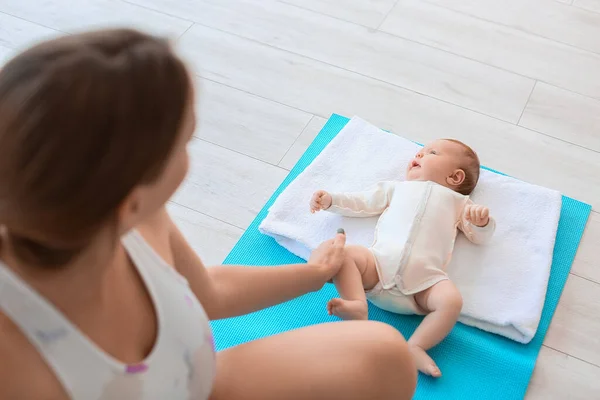 Young Pregnant Woman Practicing Yoga Her Little Baby Gym — Stock Photo, Image