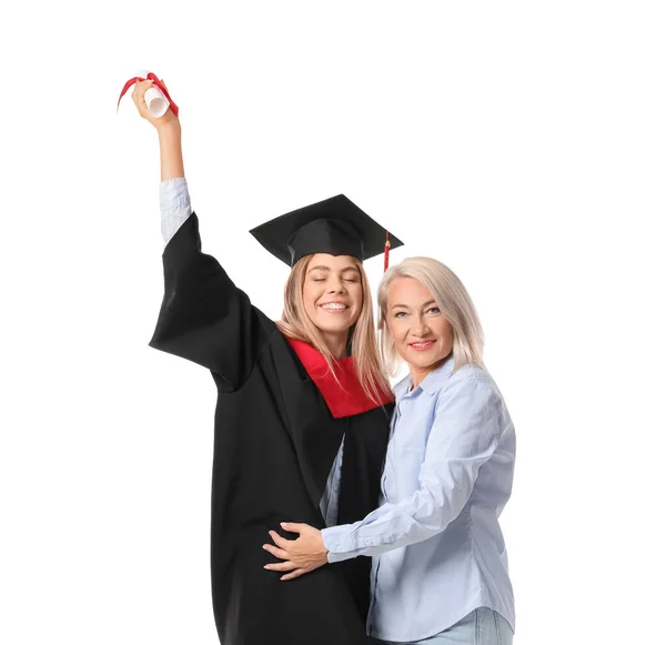 Estudante Graduação Feliz Sexo Feminino Com Sua Mãe Fundo Branco — Fotografia de Stock