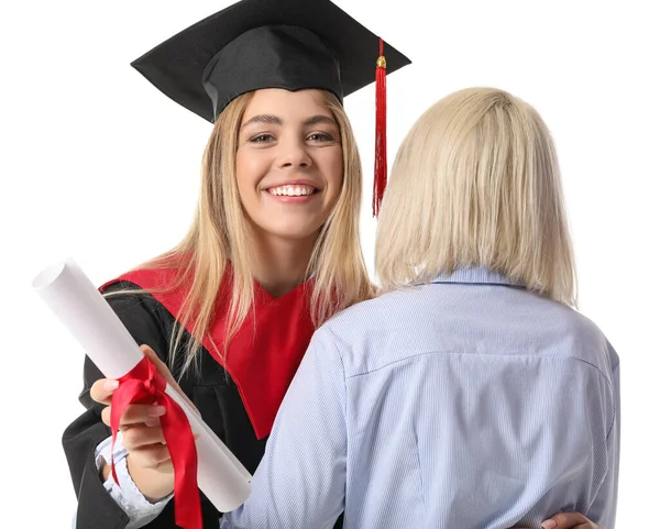 Felice Studentessa Laurea Femminile Con Sua Madre Sfondo Bianco — Foto Stock