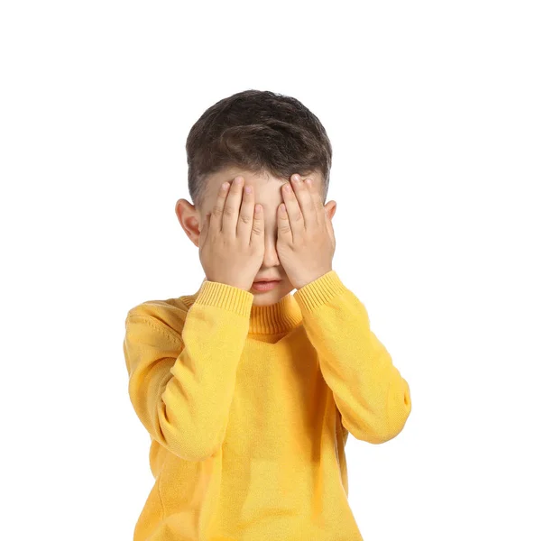 Portrait Cute Little Boy Covering Eyes His Hands White Background — Stock Photo, Image