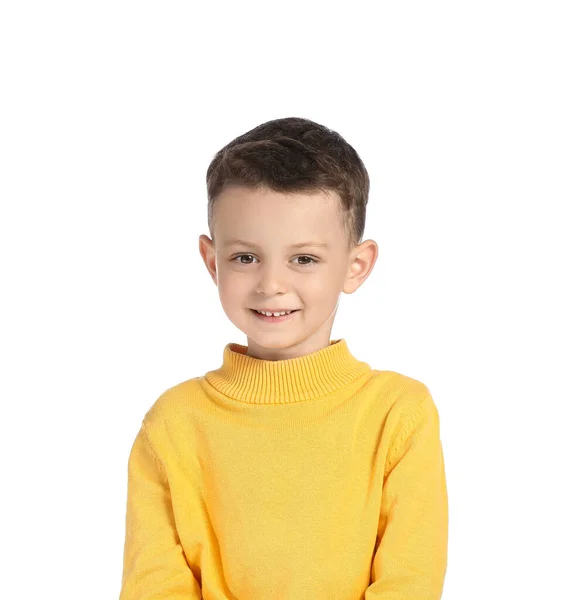 Portret Van Lachende Kleine Jongen Witte Achtergrond — Stockfoto