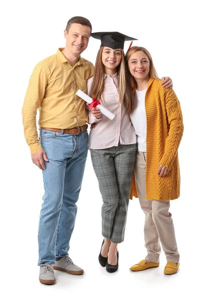 Glückliche Studentin Mit Ihren Eltern Auf Weißem Hintergrund — Stockfoto