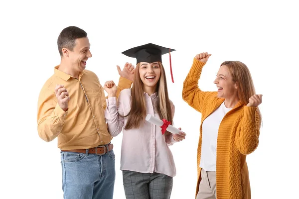 Щаслива Студентка Випускниця Батьками Білому Тлі — стокове фото