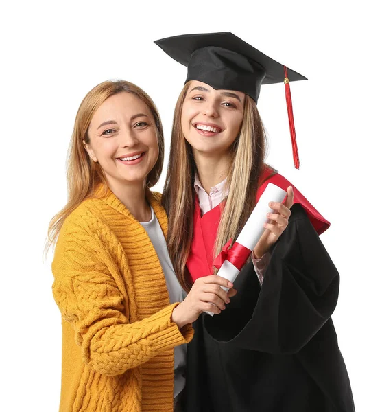 Feliz Estudiante Graduación Femenina Con Madre Sobre Fondo Blanco — Foto de Stock