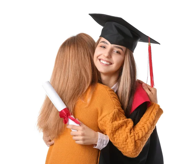 Happy Female Graduation Student Her Mother White Background — Stock Photo, Image