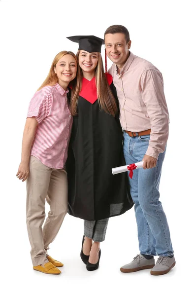 Feliz Estudiante Graduación Femenina Con Sus Padres Sobre Fondo Blanco — Foto de Stock