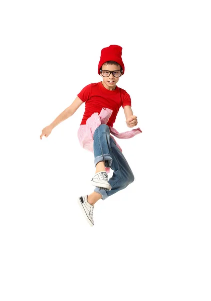 Hoppande Liten Pojke Vit Bakgrund — Stockfoto