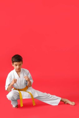 Küçük çocuk renkli arka planda karate yapıyor.