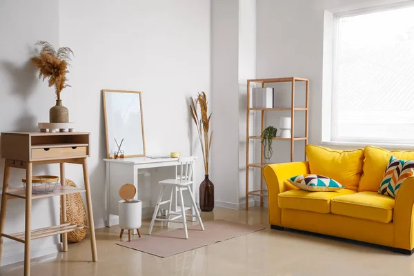 Interior Stylish Living Room Yellow Sofa Workplace Dry Reeds — Stock Photo, Image