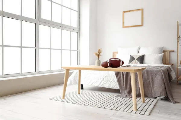 Rugby Balls Wooden Bench Light Bedroom — Stock Photo, Image