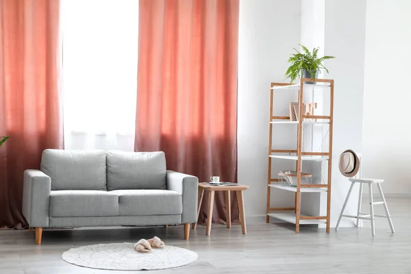 Interior Light Living Room Grey Sofa Shelving Unit Red Curtains — Stock Photo, Image