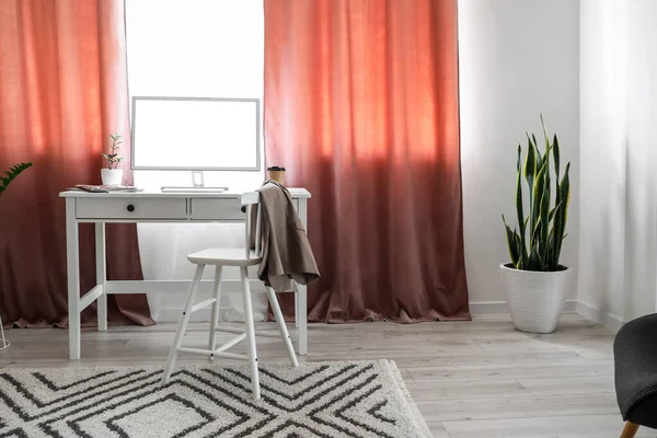 Interior Light Room Modern Workplace Red Curtains — Stock Photo, Image