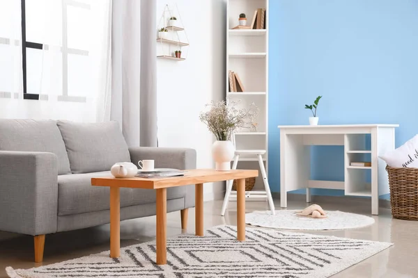 Interior Light Living Room Grey Sofa Wooden Table — Stock Photo, Image