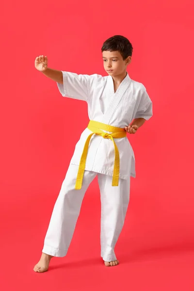 Niño Practicando Karate Sobre Fondo Color —  Fotos de Stock