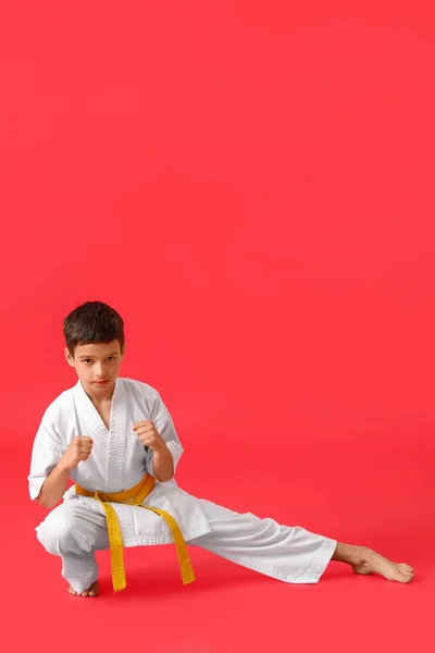 Küçük Çocuk Renkli Arka Planda Karate Yapıyor — Stok fotoğraf