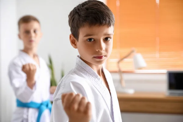 Mali Chłopcy Ćwiczą Karate Domu — Zdjęcie stockowe