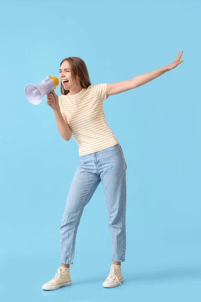 Emotional Young Woman Shouting Megaphone Blue Background — Stock Photo, Image