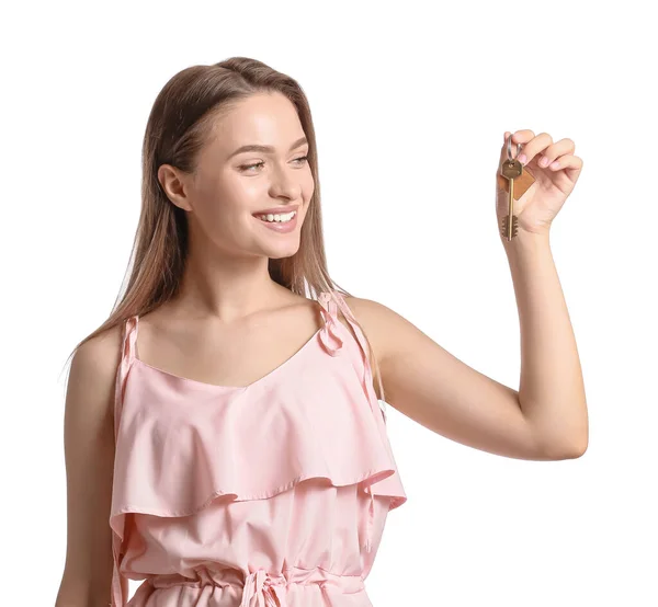 Glimlachende Jonge Vrouw Met Sleutel Van Huis Witte Achtergrond — Stockfoto