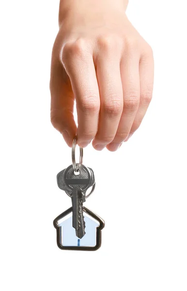 Frau Mit Hausschlüssel Auf Weißem Hintergrund — Stockfoto