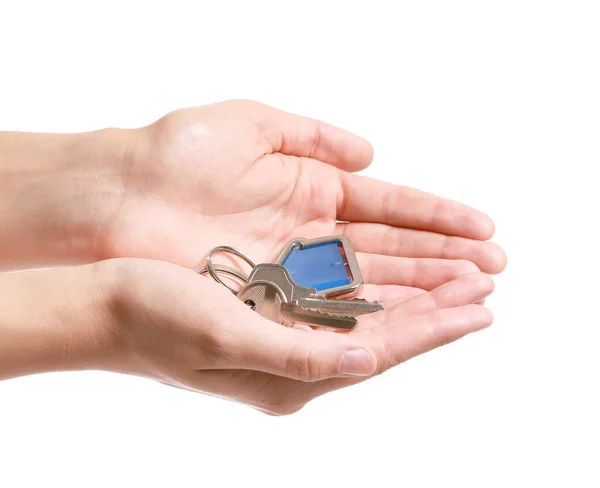 Woman Key House White Background — Stock Photo, Image