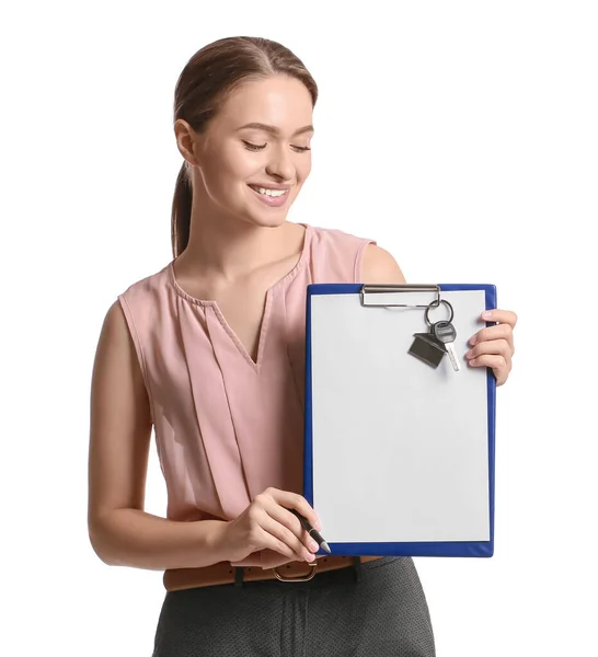 Real Estate Agent Clipboard Key House White Background — Stock Photo, Image