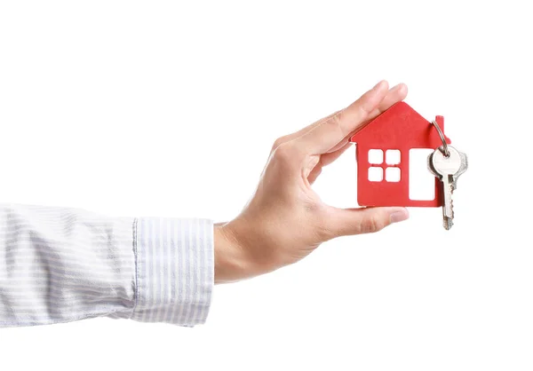 Young Woman Keys House White Background — Stock Photo, Image