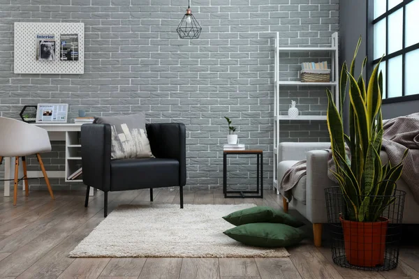 Black Armchair Pillow Interior Modern Living Room — Stock Photo, Image