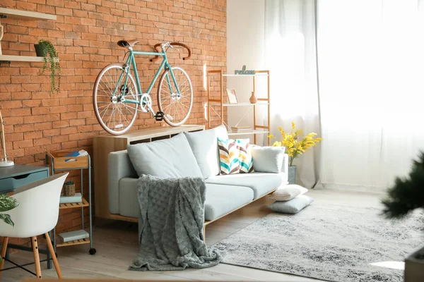 Studio Apartment Contemporary Sofa Bicycle Living Room — Stock Photo, Image