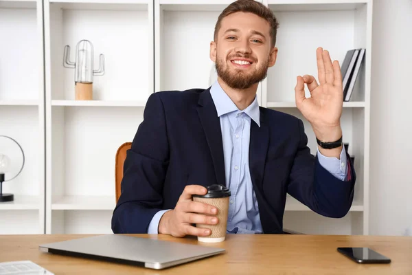 Handsome Young Businessman Cup Coffee Showing Office — Stock Photo, Image