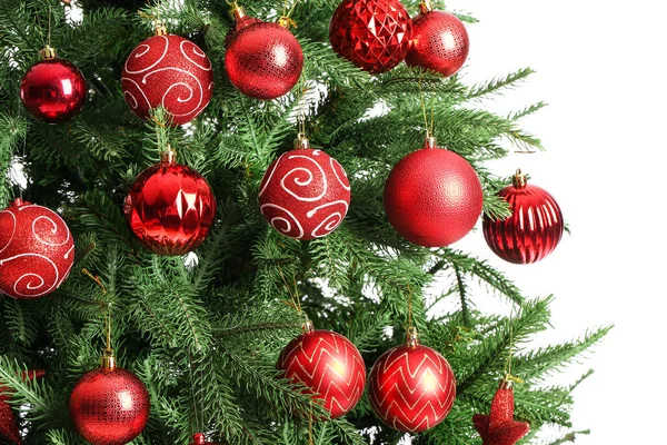 Όμορφο Διακοσμημένο Χριστουγεννιάτικο Δέντρο Απομονώνονται Λευκό Φόντο Closeup — Φωτογραφία Αρχείου