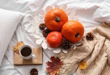 Sonbahar kompozisyonu balkabağı ve yatakta bir fincan kahve.