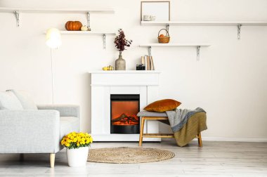 Işık odasının içinde okaliptüs, kitap ve fotoğraf makinesi olan modern bir şömine.