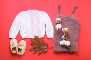 Şık bebek kıyafetleri, ayakkabılar, pamuk dalı ve kırmızı arka planda sonbahar yaprakları