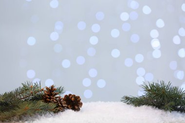 Bulanık ışıklara karşı kar üzerinde dallar ve koniler