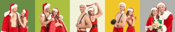 Sexy Jovem Casal Trajes Papai Noel Fundo Cor — Fotografia de Stock