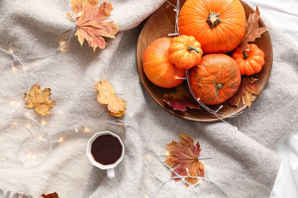 Pumpkins Cup Coffee Bed — Stock Photo, Image