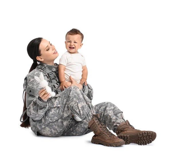 Female Soldier Her Little Son Isolated White — Stock Photo, Image