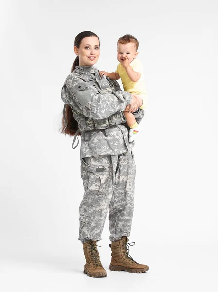 Female Soldier Her Little Son Light Background — Stock Photo, Image