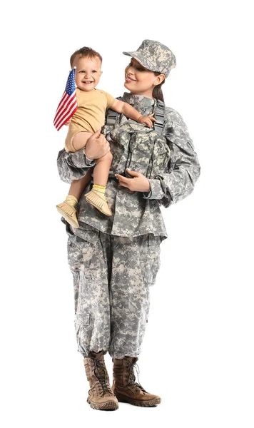 Női Katona Kis Fia Amerikai Zászló Elszigetelt Fehér — Stock Fotó
