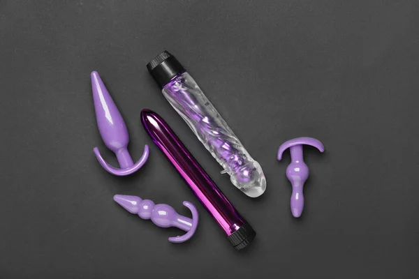 Different Sex Toys Dark Background Top View — Stock Photo, Image