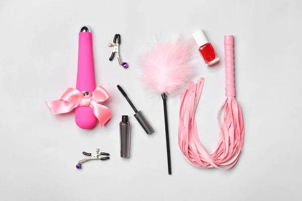 Different Sex Toys Cosmetics Light Background — Stock Photo, Image