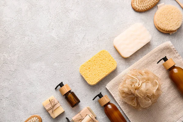 Set Bath Supplies Brushes Sponges Light Background — Stock Photo, Image