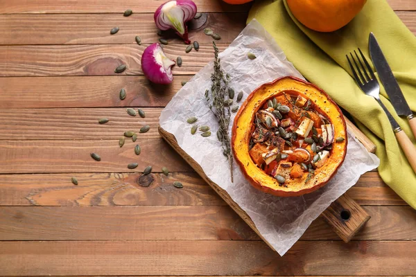 Board Tasty Stuffed Pumpkin Wooden Background — Stock Photo, Image